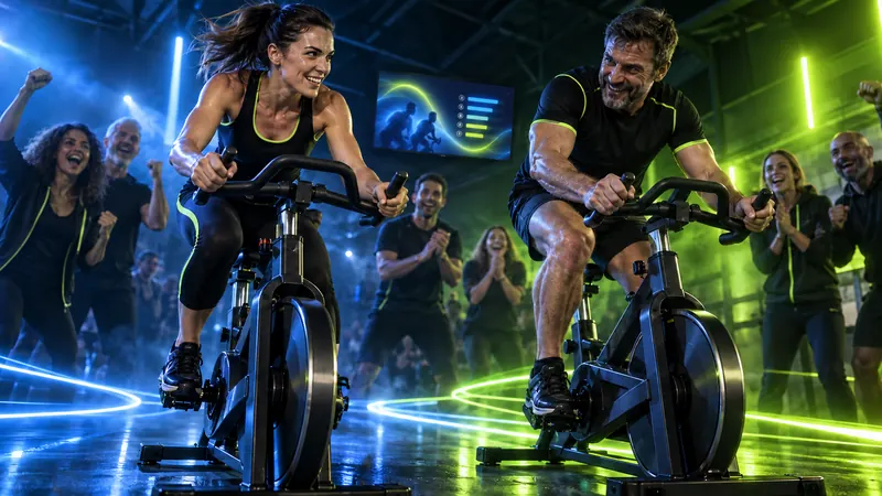Dos participantes pedalean en bicicletas generadoras HePL mientras el público les anima